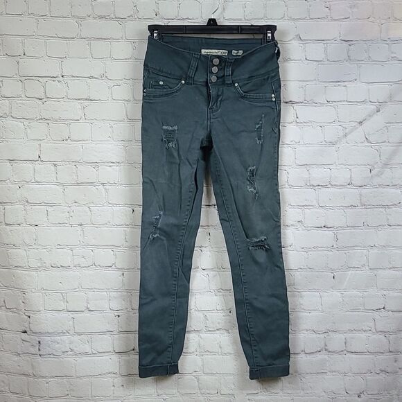 YMI Mid-Rise Distressed Wanna Bigger Butt Army Green Jeans Ripped Jegging - Picture 2 of 8